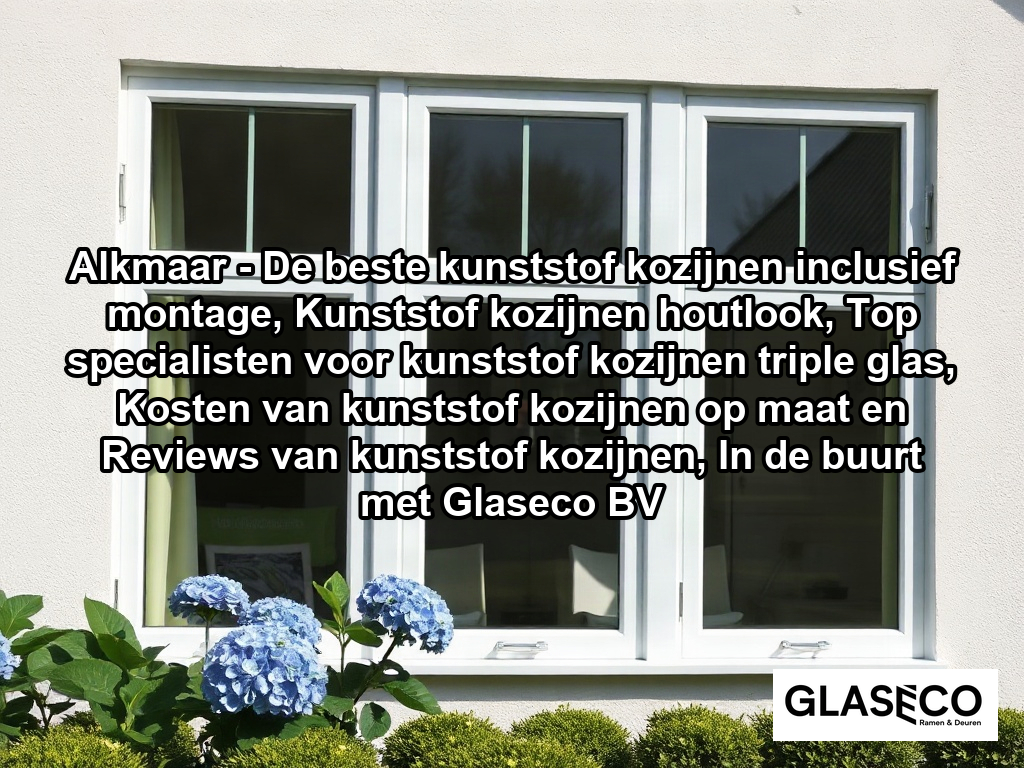 A bright, high-quality photograph of the exterior of a detached Dutch suburban house featuring newly installed, clean white kunststof window frames with visible grain texture and secure hardware. The house is surrounded by a well-maintained garden with typical Dutch greenery, such as hydrangeas and a small row of hedges, captured during a clear, sunny day with soft natural light reflecting off the high-quality glass.