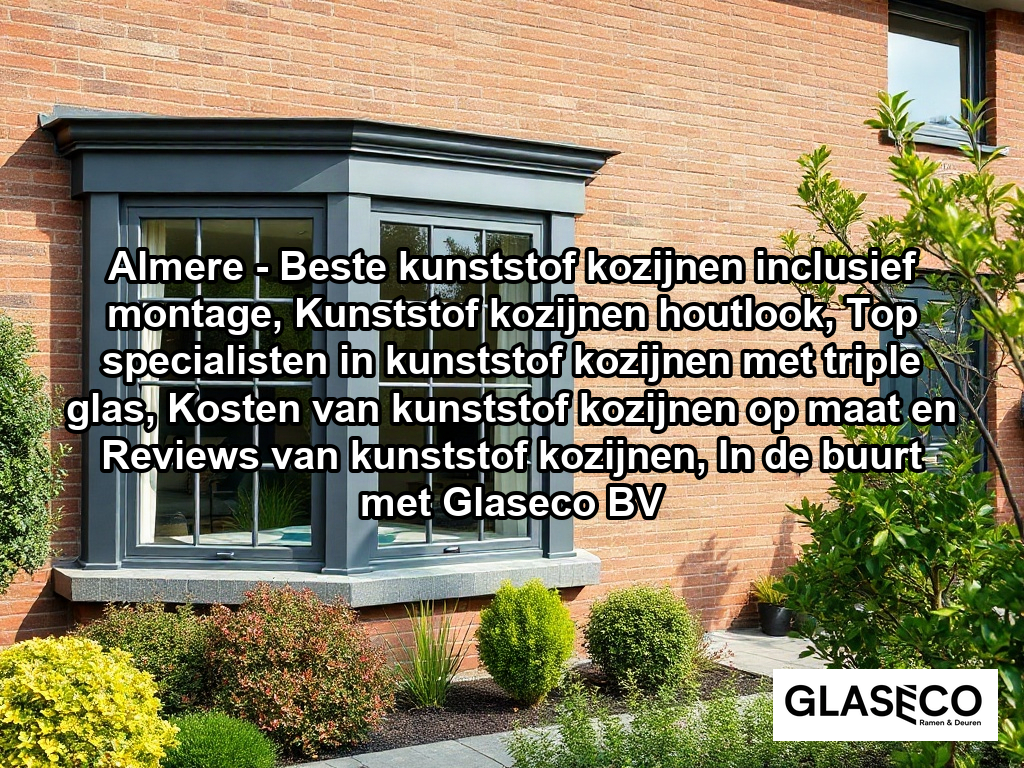 A medium shot of a classic Dutch brick house exterior showcasing newly installed, high-quality anthracite grey synthetic window frames with clear double-pane glass. The scene features lush green residential landscaping with a manicured front garden and local Dutch trees under soft, natural daylight, emphasizing the clean, finished look of the windows from the outside.