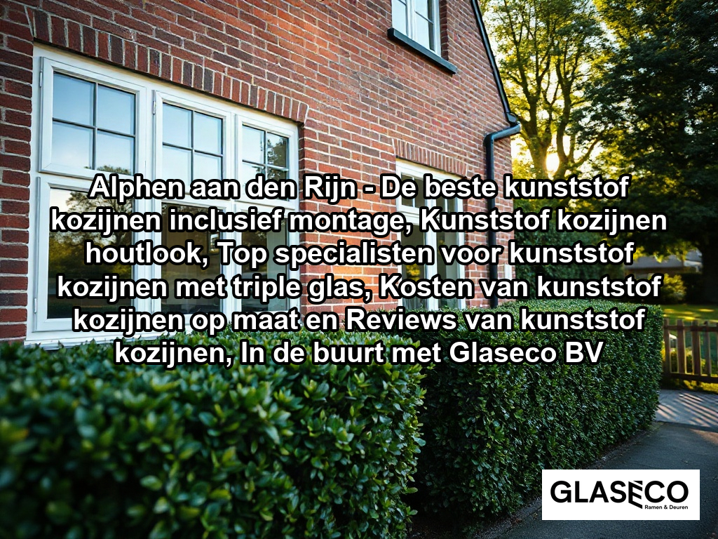 A bright, eye-level exterior shot of a classic Dutch semi-detached brick house featuring newly installed, high-quality white PVC window frames with clean, modern profiles. The scene captures a late afternoon sun illuminating the window glass, with neatly trimmed boxwood hedges and a typical Dutch sidewalk in the foreground, set against a backdrop of soft-focus greenery and local trees.