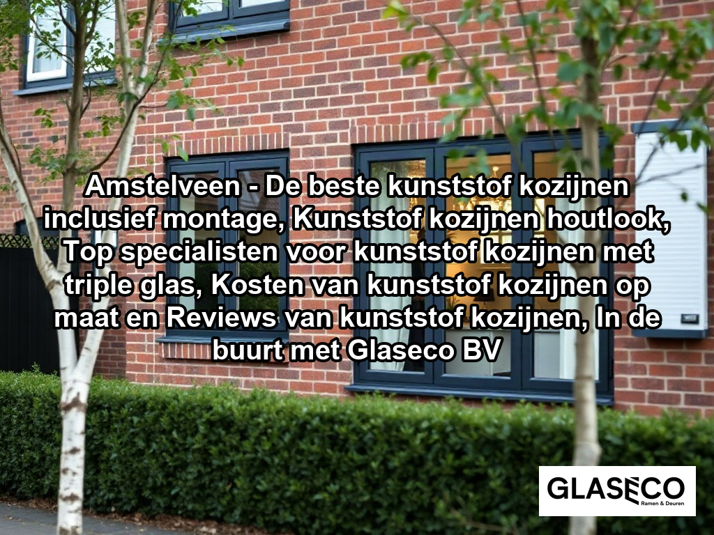 A high-quality, eye-level photograph of a clean, modern Dutch residential facade featuring newly installed, matte-finish anthracite kunststof (PVC) window frames with elegant, slim profiles. The scene captures the realistic exterior of a brick suburban home set in a quiet, leafy street with native Dutch landscaping like well-kept hedges and mature birch trees under soft, natural daylight.