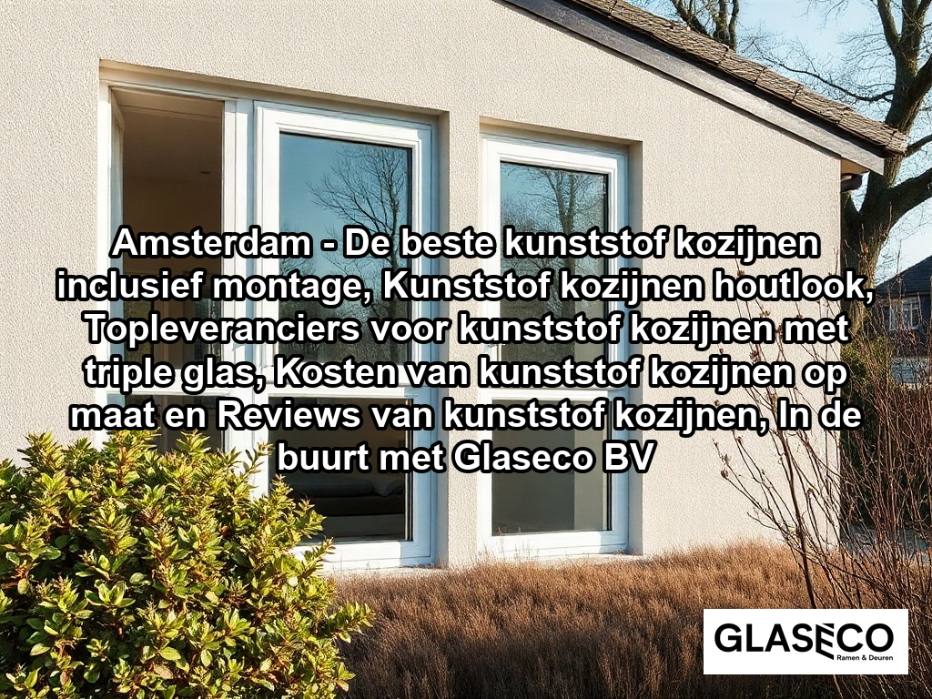 A bright, high-quality exterior photograph of a modern Dutch suburban home featuring sleek, white synthetic window frames (kunststof kozijnen) with a clean wood-grain texture and secure locking mechanisms. The house is surrounded by a well-maintained garden with native Dutch shrubbery and deciduous trees under soft, natural daylight, emphasizing the insulation and polished finish of the newly installed window units.