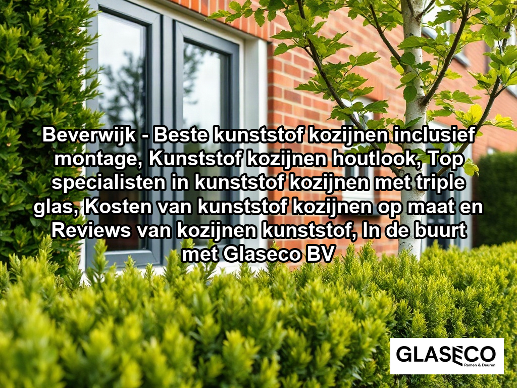 A medium-angle, eye-level exterior photograph of a contemporary Dutch suburban house featuring newly installed anthracite grey PVC window frames with crisp, clean white inner seals. The scene shows the side of a red-brick facade with lush green hedging and a mature silver birch tree in the front garden under soft, natural daylight.