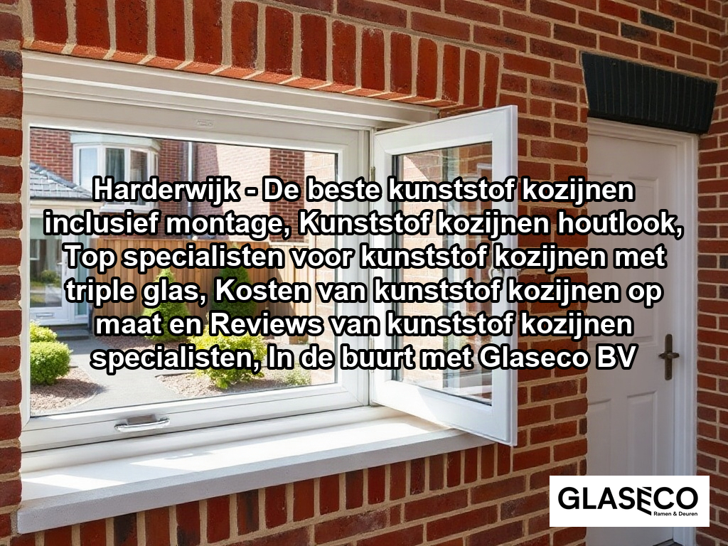 A bright, high-quality photograph of a clean, white modern uPVC window frame installed in a red-brick Dutch terraced house, showcasing its sleek finish and secure latch mechanism. The window looks out onto a tidy, landscaped garden with typical Dutch greenery like a small maple tree, with natural daylight illuminating the crisp white frame against the warm-toned brickwork.