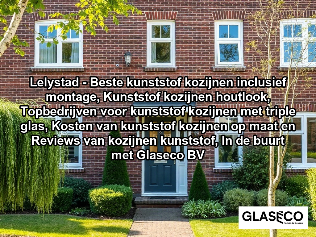 A professional photograph of a well-maintained Dutch brick residential home featuring newly installed, high-quality white anthracite grey plastic window frames with clear double-glazing. The house is situated in a quiet, green neighborhood with typical Dutch landscaping, including a manicured front garden and local willow and birch trees, captured in soft, natural daylight.